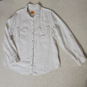 Ruby Road Size L 100% Linen Button Front Long Roll Tab Sleeve Shirt Blouse Top